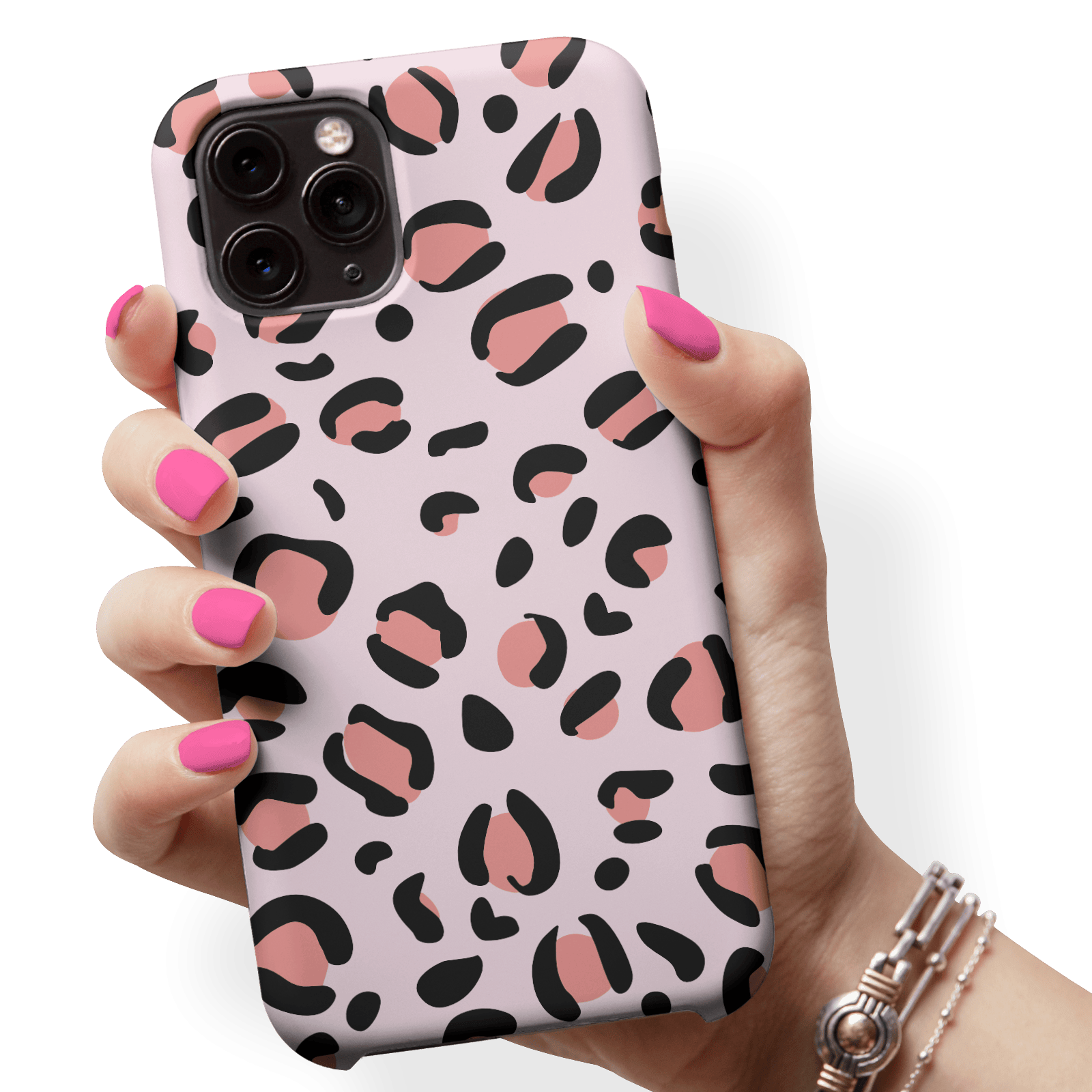 Hand holding pink leopard CharmCase with pink nails